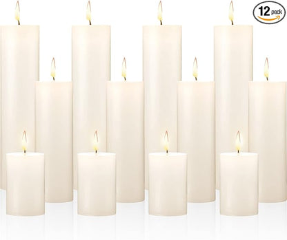 Nuogo 12 pcs Ivory Pillar Candles Dripless Unscented Candles Paraffin Wax Tall Tapers for Wedding Spa Birthday Holiday Bath Party Restaurant Home