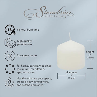 Stonebriar 3 Pack Tall 3 x 3 Inch 18 Hour Long Burning Unscented White Wax Pillar Candles