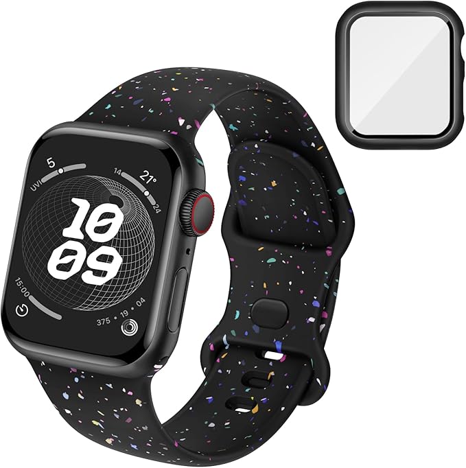 Compatible for Apple Watch Band 40mm 41mm and Case with Screen Protector, Soft Silicone Sport Strap Bands and Protective Cover with Tempered Glass for iWatch Series 9 8 7 SE 6 5 4