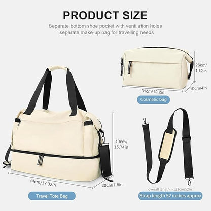 Gym Bag for Men Women, Tactical Travel Duffel bag with Removable Dividers & Shoe Compartment, Weekender Carry on Bag with Toiletry Bag, Overnight Range Bag for Workout Soccer Yoga Gym (White)