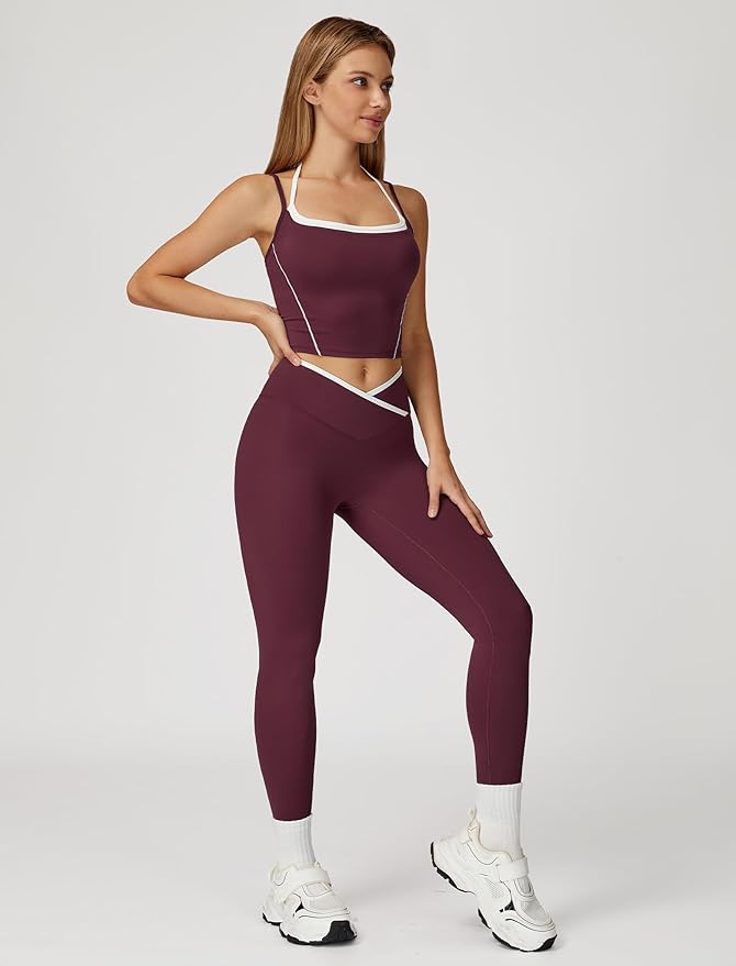 ABOCIW Workout Sets for Women 2 Piece Color Block Strappy Sports Bra High Waist Leggings Gym Yoga Pilates Outfits