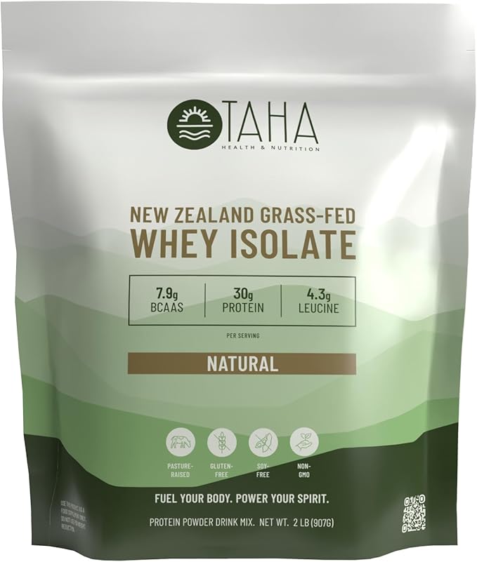Taha Health & Nutrition Natural Unflavored Whey Protein Isolate, 30g Protein, 7.9g BCAAs, 4.3g Leucine | New Zealand Grass-Fed, Free-Range Dairy | Gluten & Soy Free, Keto, Kosher | 2LB, ~26 Servings