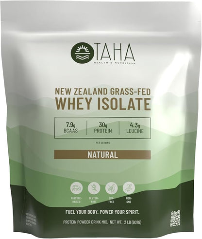 Taha Health & Nutrition Natural Unflavored Whey Protein Isolate, 30g Protein, 7.9g BCAAs, 4.3g Leucine | New Zealand Grass-Fed, Free-Range Dairy | Gluten & Soy Free, Keto, Kosher | 2LB, ~26 Servings