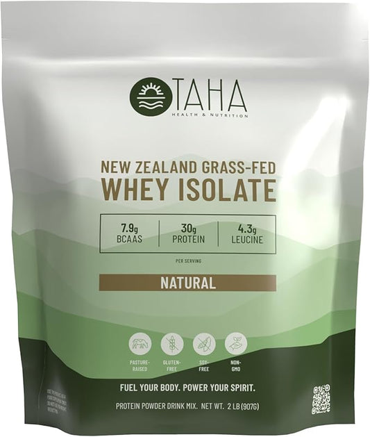 Taha Health & Nutrition Natural Unflavored Whey Protein Isolate, 30g Protein, 7.9g BCAAs, 4.3g Leucine | New Zealand Grass-Fed, Free-Range Dairy | Gluten & Soy Free, Keto, Kosher | 2LB, ~26 Servings