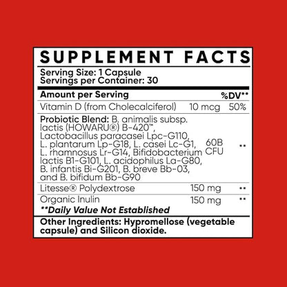 Probiotic Fit for Men & Women, Bifidobacterium Lactis B-420, Digestive & Gut Health, 60 Billion CFU, Prebiotic + Vitamin D3, 60 cnt