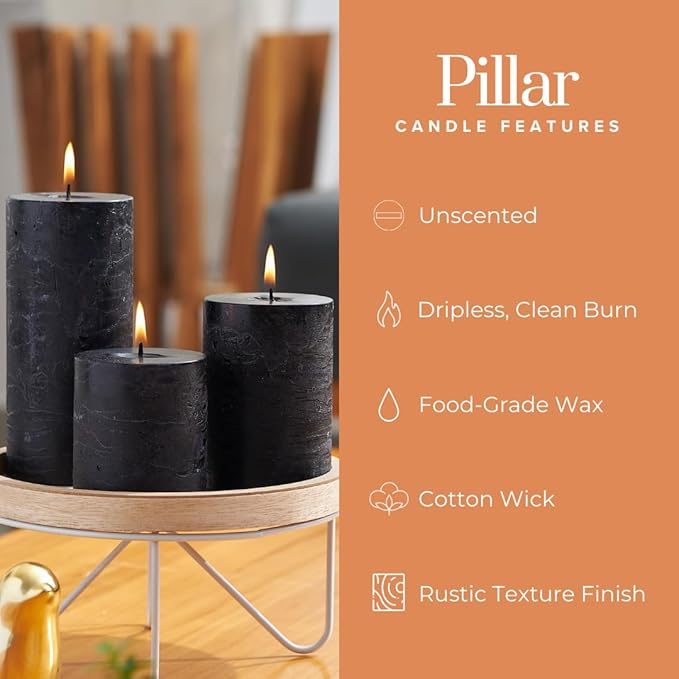 Simply Soson 3x3 inch Black Pillar Candles Set of 3, Rustic Texture, Unscented Black Candles, Dripless Candles, 3 inch Pillar Candles Ideal as Wedding, Parties, Spas, Dinner, Home Decoration, Church