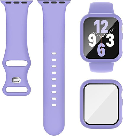 Compatible for Apple Watch Band 40mm 41mm and Case with Screen Protector, Soft Silicone Sport Strap Bands and Protective Cover with Tempered Glass for iWatch Series 9 8 7 SE 6 5 4
