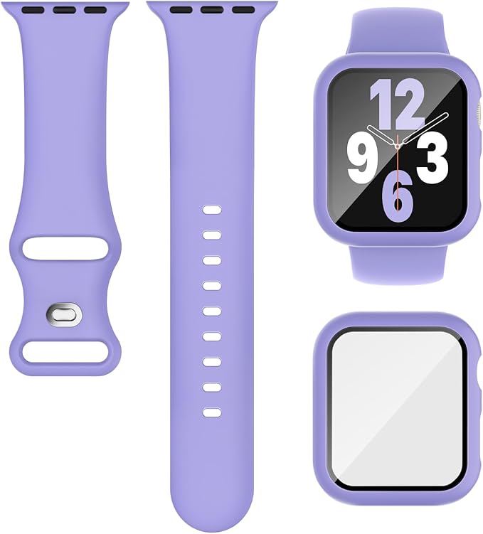 Compatible for Apple Watch Band 44mm 45mm and Case with Screen Protector, Soft Silicone Sport Strap Bands and Protective Cover with Tempered Glass for iWatch Series 9 8 7 SE 6 5 4