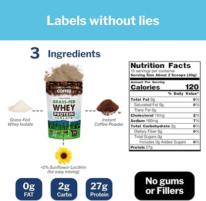 Opportuniteas Coffee Whey Protein Powder - Low Carb & Keto Friendly - Grass Fed Whey Isolate + Colombian Coffee - 60 mg Caffeine for Energy - Pre or Post Workout Drink Mix, Latte, Shake & Smoothie 1lb