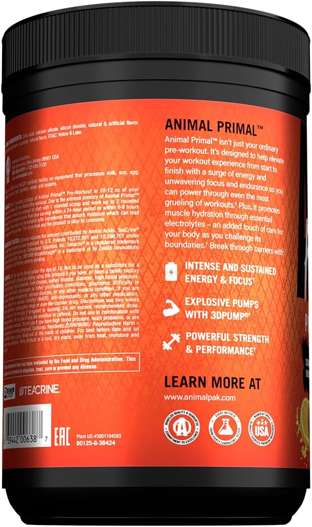 Animal Primal Muscle Hydration + Preworkout Powder ??Contains Beta Alanine, 3DPump, Caffeine & Electrolytes ??Improves Energy, Focus, Endurance & Absorption ??New Wick?™d Peach Flavor, 16.75 oz