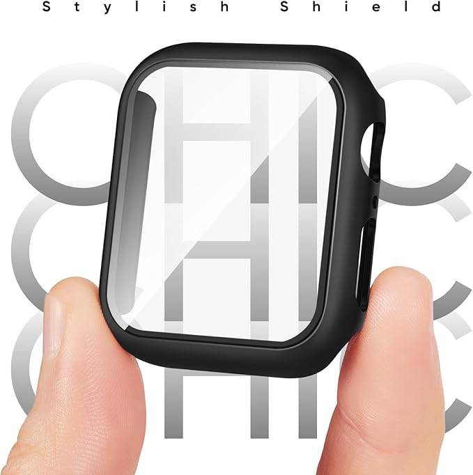 Compatible for Apple Watch Band 44mm 45mm and Case with Screen Protector, Soft Silicone Sport Strap Bands and Protective Cover with Tempered Glass for iWatch Series 9 8 7 SE 6 5 4