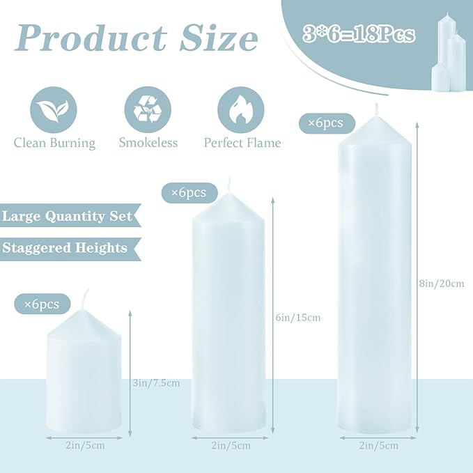 18 Pcs Blue Pillar Candles Bulk Set，Hurricane Candlesï¼? Different Lengths (6 Each)，Dripless Unscented Smokeless，Gives You a Better Atmosphere When Organizing Wedding or Event Party.