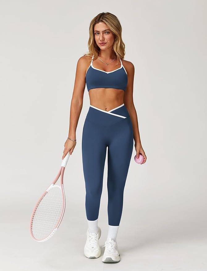 ABOCIW Workout Sets for Women 2 Piece Color Block Strappy Sports Bra High Waist Leggings Gym Yoga Pilates Outfits