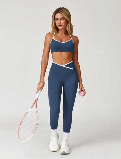 ABOCIW Workout Sets for Women 2 Piece Color Block Strappy Sports Bra High Waist Leggings Gym Yoga Pilates Outfits