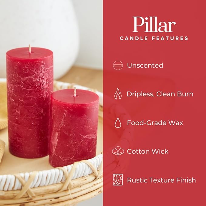 Simply Soson Red Rustic Texture Pillar Candles 3x3 inch - Set of 3 - Unscented Decorative Red Candles, No drip, Ideal as Large Candles for Home Decor, Weddings, Holidays