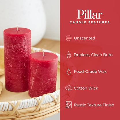 Simply Soson 3x6 inch Red Pillar Candles Set of 3, Rustic Texture, Unscented Red Candles, Dripless Candles, 3 inch Pillar Candles Ideal as Wedding, Parties, Spas, Dinner, Home Decoration, Church
