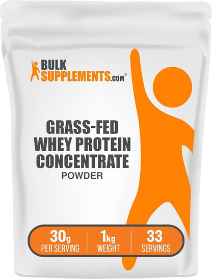 BulkSupplements.com Grass Fed Whey Protein Powder - Whey Protein Concentrate Powder - Unflavored & Gluten Free, 30g per Serving, 1kg (2.2 lbs) (Pack of 1)