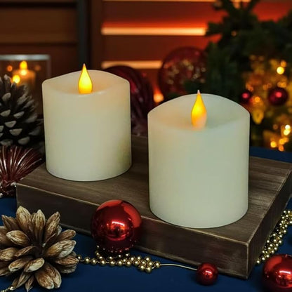 3x3 Flickering Flameless Candles Set of 2,3 inch Real Wax LED 600 Hours Battery Candles with Timer Remote,Control for Wedding Party Indoor,Ivory