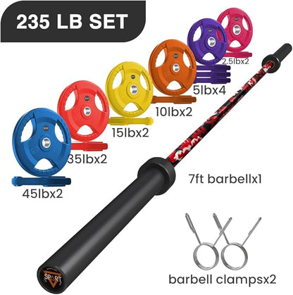 7FT Olympic Barbell Bar with Weight Plate Set Combo, Solid Olympic Bar with Bearings, 700Lbs Capacity Weight Bar for Home Gym Strength Training, Weightlifting, Powerlifting, Fit for 2" Olympic Plates