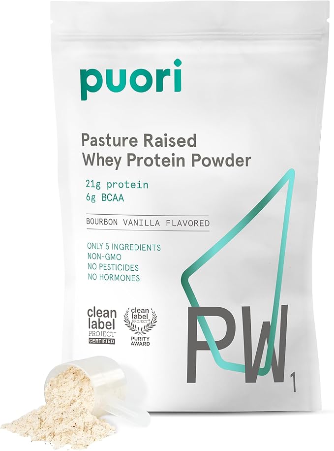 Puori Whey Protein Powder - Bourbon Vanilla - PW1 Pasture Raised, Grass-Fed & Non-GMO - 100% Natural and Pure for Muscle Growth - 21g Protein 1.98lbs - Gluten-Free