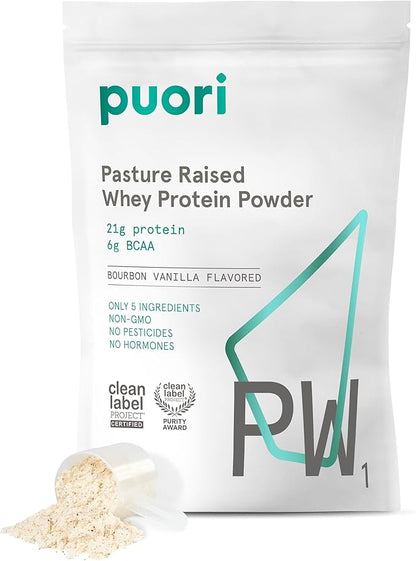 Puori Whey Protein Powder - Bourbon Vanilla - PW1 Pasture Raised, Grass-Fed & Non-GMO - 100% Natural and Pure for Muscle Growth - 21g Protein 1.98lbs - Gluten-Free
