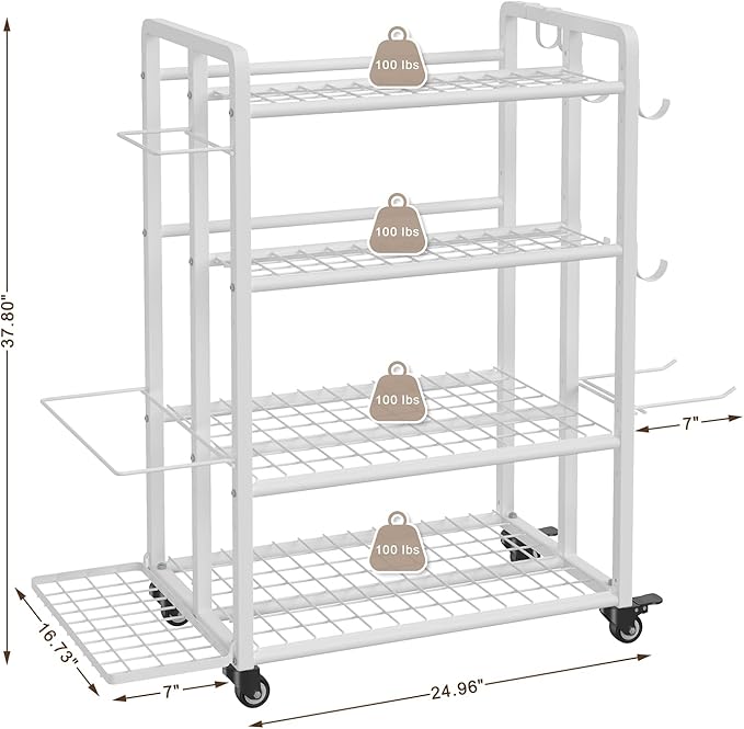 4-Tier Dumbbell Rack Stand Only, Adjustable Weight Rack for Dumbbells Kettlebells Yoga Mat, Home Gym Storage Rack with Wheels and Hooks, Powder Coated Finish