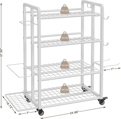 4-Tier Dumbbell Rack Stand Only, Adjustable Weight Rack for Dumbbells Kettlebells Yoga Mat, Home Gym Storage Rack with Wheels and Hooks, Powder Coated Finish