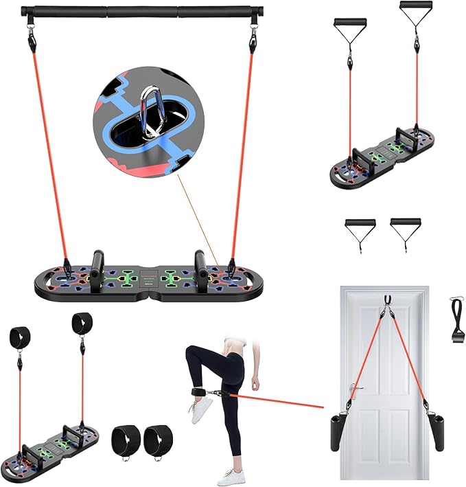 Portable Home Gym Workout Equipment, Push Up Board, Pilates Bar & Fitness Accessories with Resistance Bands for Upper Body Strength Training Full Body Workout at Home