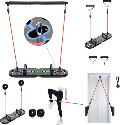 Portable Home Gym Workout Equipment, Push Up Board, Pilates Bar & Fitness Accessories with Resistance Bands for Upper Body Strength Training Full Body Workout at Home