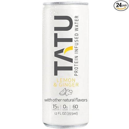 TATU Ready-To-Drink Protein Infused Water Lemon Ginger 24 Pack. 15 grams of whey protein isolate, 0 grams of sugar, only 60 calories. Lemon Ginger and Orange Mango. Gluten Free, lactose free.