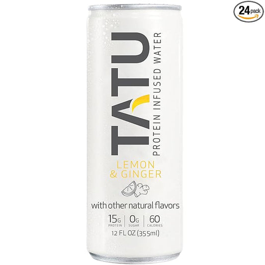 TATU Ready-To-Drink Protein Infused Water Lemon Ginger 24 Pack. 15 grams of whey protein isolate, 0 grams of sugar, only 60 calories. Lemon Ginger and Orange Mango. Gluten Free, lactose free.