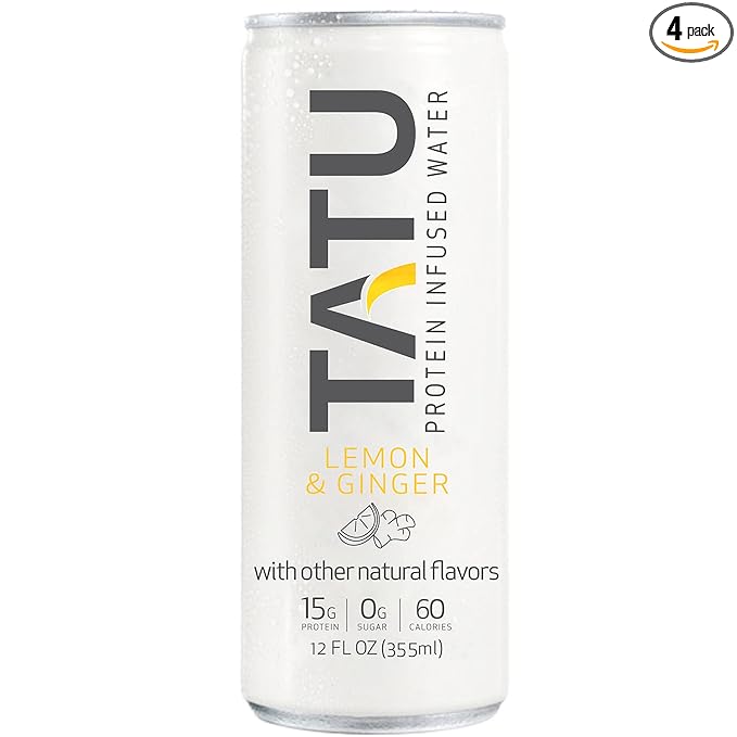 TATU Ready-To-Drink Protein Infused Water Lemon Ginger 4 Pack. 15 grams of whey protein isolate, 0 grams of sugar, only 60 calories. Lemon Ginger and Orange Mango. Gluten Free, lactose free.