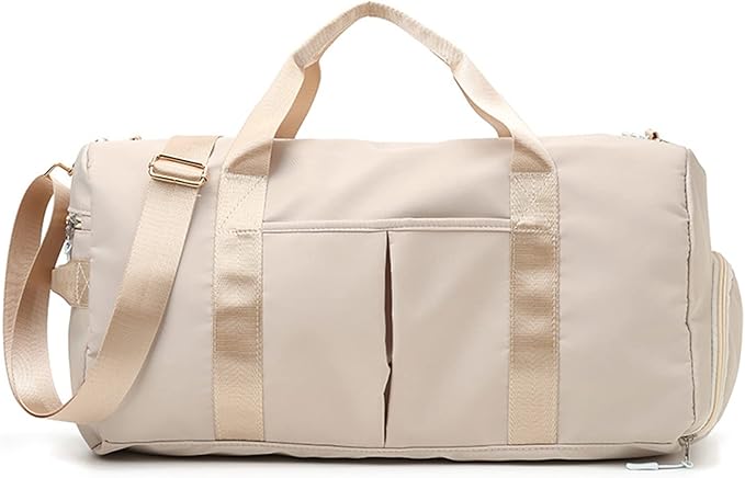ZUEVI Sports Gym Bag for Men or Women Waterproof Weekender Travel Duffel Bag with Shoes Compartment Dry and Wet Separation for Training Swim Yoga (Beige)
