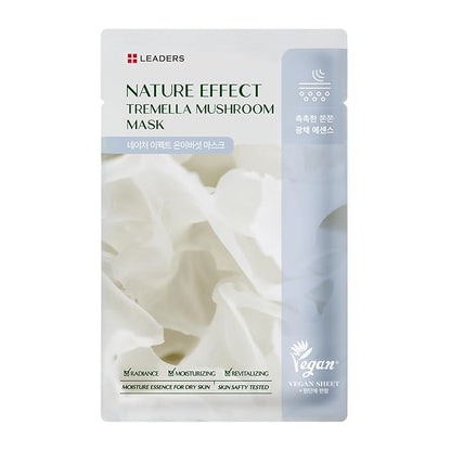 LEADERS Nature Effect Tremella Mushroom Mask - Hydrating & Elasticity Boosting Face Mask with Vegan Collagen, Moisturizing and Heals Dry Skin with Serum Content, Vegan Certified - 10 Sheets