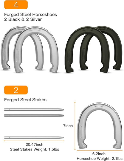 NQV Horseshoe Outside Game,Horse Shoe Game Kit,Horseshoe Set on Lawn Beach Soil Outdoor Backyard Adults. 4 Traditional Heavy Duty Forged Steel Horseshoes Regulation Size+2 Forged Steel Stakes+1 Bag