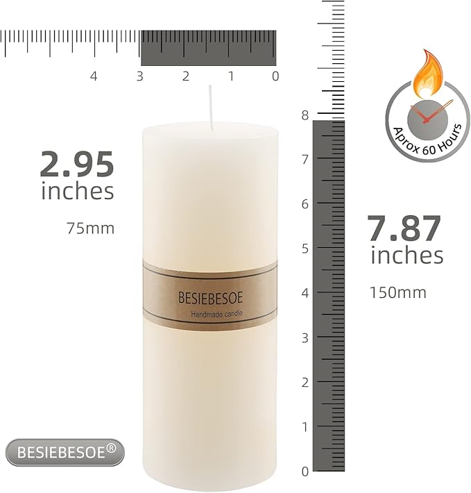 3 x 8 Ivory Pillar Candles Set of 6 Unscented Handpoured Weddings, Home Decoration, Restaurants, Spa, Church Smokeless Cotton Wick 360 Hour