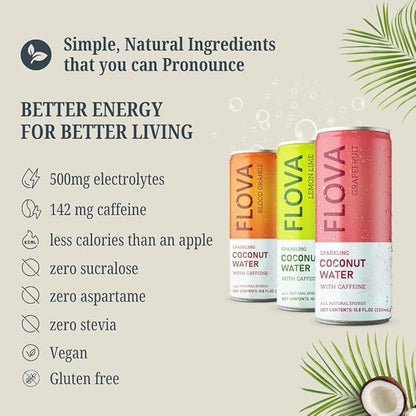 Flova Grapefruit Energy Drink, All Natural, Electrolytes and Minerals from Coconut Water, 4 Simple Easy to Pronounce Ingredients, 99% Juice, Pack of 12 Cans