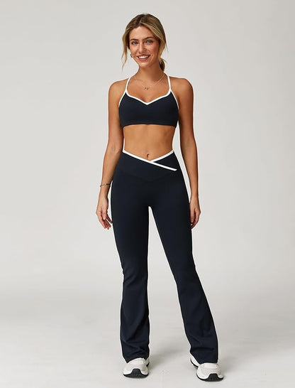 ABOCIW Workout Sets for Women 2 Piece Color Block Strappy Sports Bra High Waist Leggings Gym Yoga Pilates Outfits