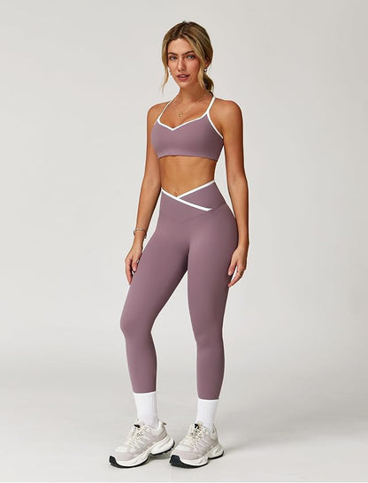 ABOCIW Workout Sets for Women 2 Piece Color Block Strappy Sports Bra High Waist Leggings Gym Yoga Pilates Outfits