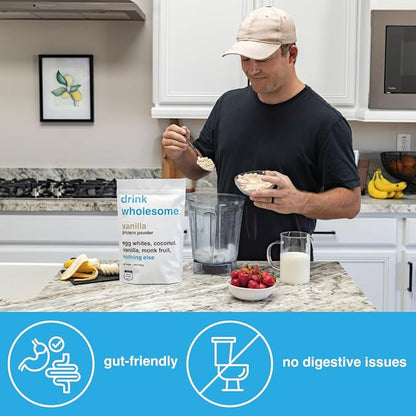 drink wholesome Vanilla Egg White Protein Powder | for Sensitive Stomachs | Gut Friendly | Additive & Dairy Free | No Artificial Sweeteners | No Bloating, Farts or Gas | No Constipation or Diarrhea