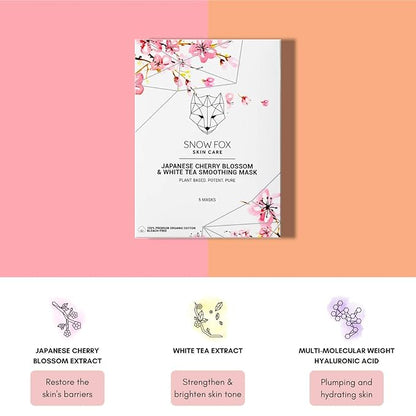 Snow Fox Skincare Japanese Cherry Blossom & White Tea Soothing Mask, 5 Mask