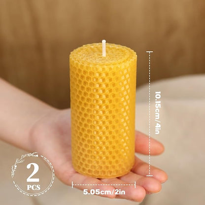 Hand-Rolled Beeswax Candles, 2 Packs, Handcrafted Honeycomb Beeswax Pillar Candles, Natural Bee Farm Gift for Candle Lovers,Home Decor, Air Purify (2x4 in)