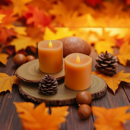 Fall Flameless LED Candles 3 inch Diameter Real Wax 2AA Battery Operated 600hr+ Flickering Candles with Timer Remote Control for Halloween Thanksgiving Christmas Indoor (Orange, 3″×3″- 2 PCS)