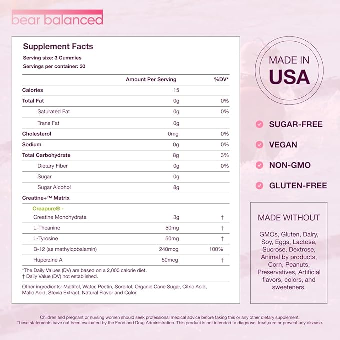 Creatine Gummies for Men & Women - Creapure® Creatine Monohydrate, L-Theanine, L-Tyrosine & B12 for Muscle Growth, Strength, Focus, Energy & Health - Low Calorie, Sugar-Free, & Vegan