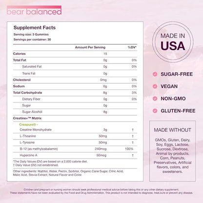 Creatine Gummies for Men & Women - Creapure® Creatine Monohydrate, L-Theanine, L-Tyrosine & B12 for Muscle Growth, Strength, Focus, Energy & Health - Low Calorie, Sugar-Free, & Vegan