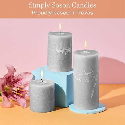 Simply Soson Grey Rustic Texture Pillar Candles 3x3 inch - Set of 3 - Unscented Decorative Grey Candles, No Drip, Ideal for Home Decor, Weddings, Holidays