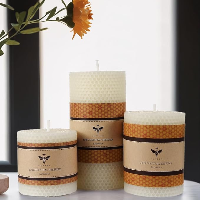 White Beeswax Pillar Candle - Handmade Pure Beeswax Rolled Candle for Gift & Home Decor (3×4 in)