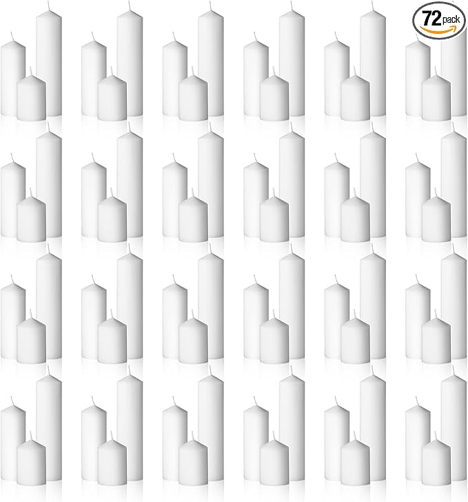 72PC White Pillar Candles Bulk 2 in x 3, 6, 8 Inch Long Burning Wax Pillar Candles Unscented Smokeless Dripless for Wedding Centerpieces Spa Lantern Fireplace Home Festival Party Decor