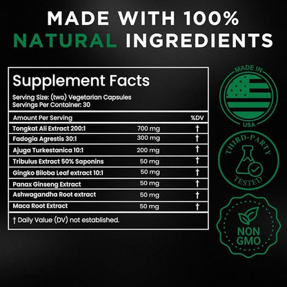 TESTPLUS+ 8-in-1 Testosterone Supplement for Men, 10X Strength Testosterone Booster, Libido Booster & Muscle Builder for Men, Tongkat Ali, Fadogia Agrestis, Turkestanica, Ashwagandha, Tribulus