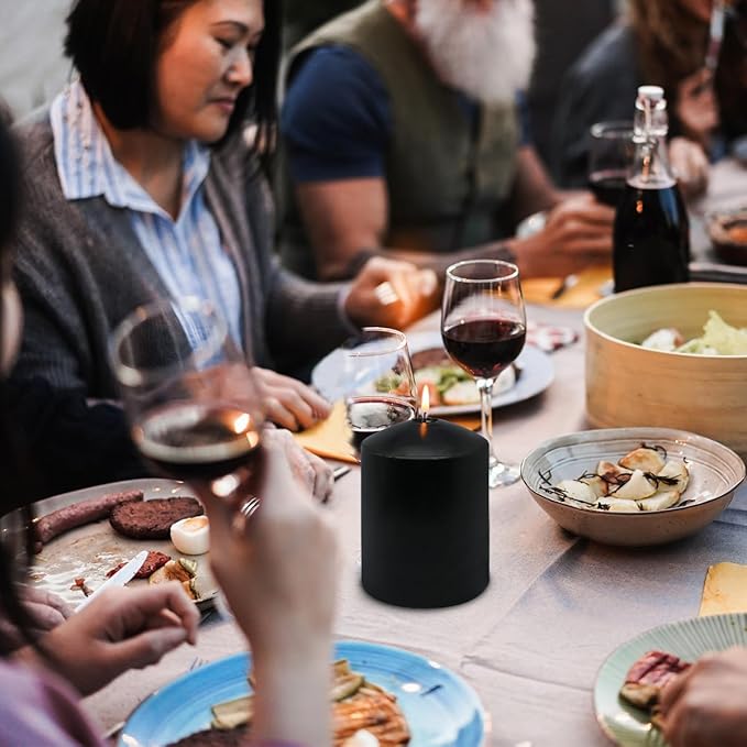 3x4 Inch Black Pillar Candles, 3 Packs Unscented Smokeless Dripless Halloween Cylinder Candles for Christmas, Wedding, Party, Home and Dinner Table, 45 Hours Burn